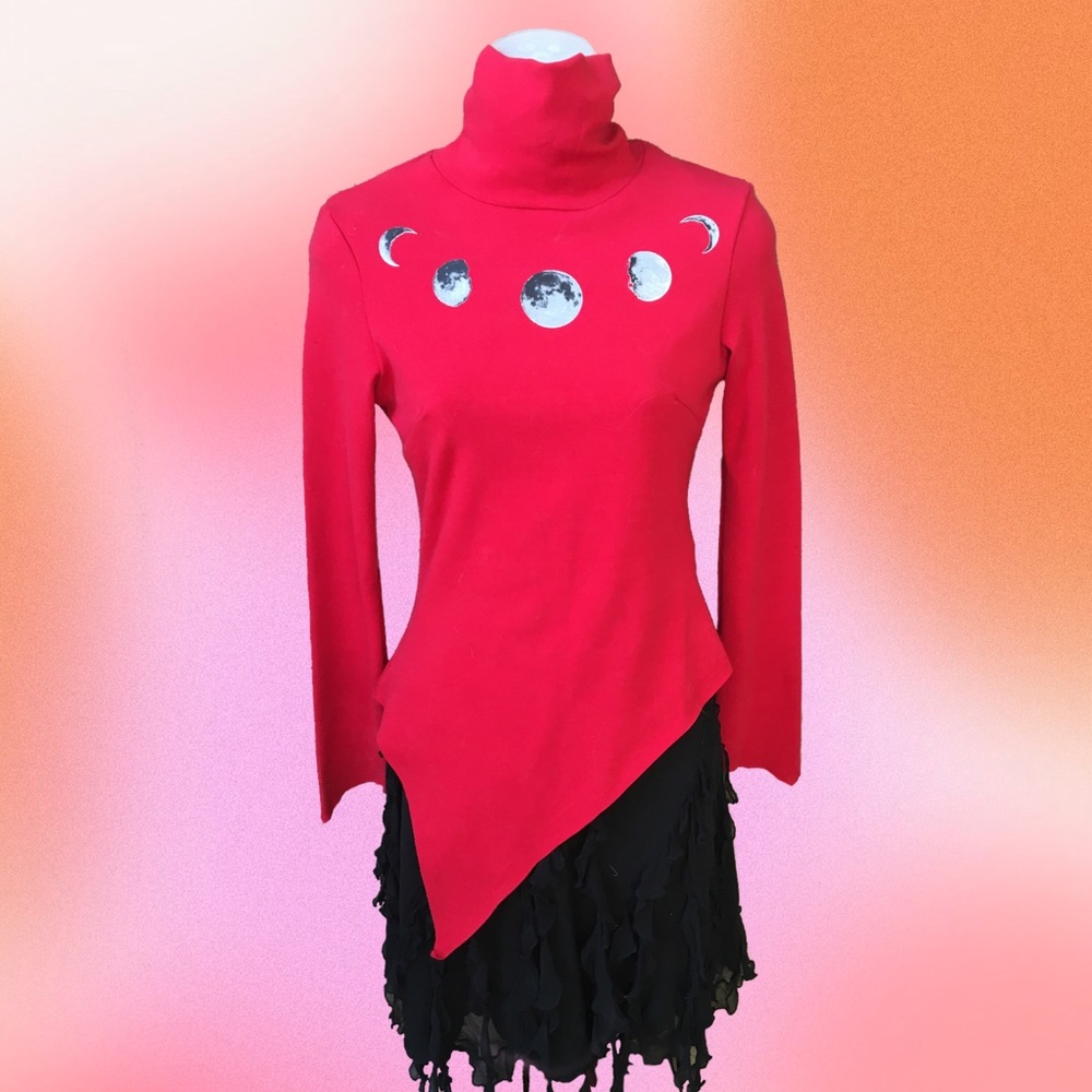 PUNK RAVE Red Turtleneck Moon Phases Asymmetrical Long Sleeve Top XS/S